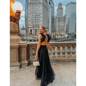 Mac Dugall Ruffle Tiered Cutout Chiffon Black Gown Dress size 0